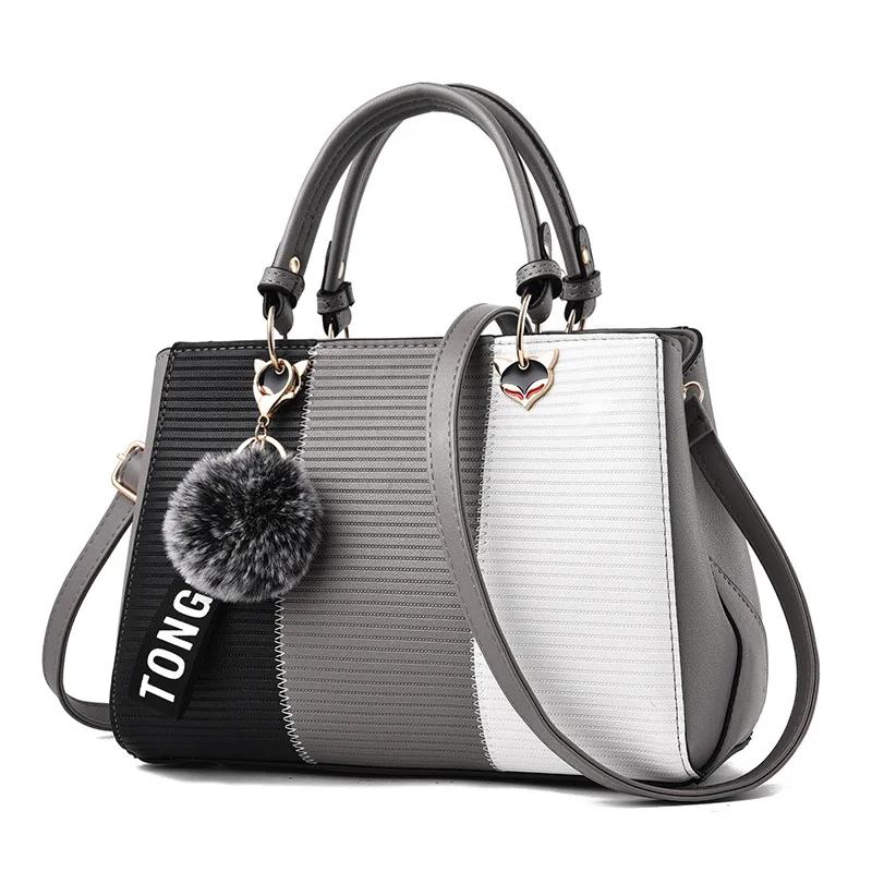 Women's New Fashi Hair Ball Pendant Stitching Ladies Handbag Trend All-match Retro PU Messenger Bag Shoulder Bag Wallet