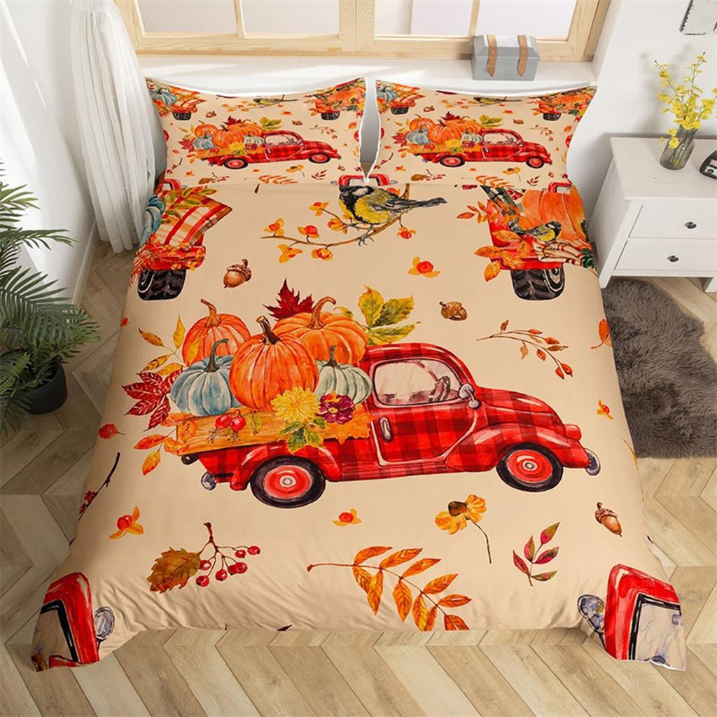 Fall Maple Leaves Autumn Harvest Theme Duvet Cover Cartoon Christmas Santa Thanksgiving Pumpkin Holiday Decor Gifts for Children