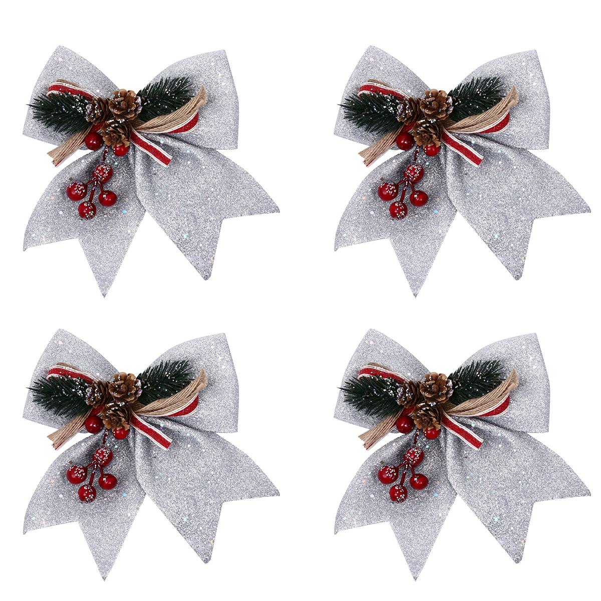 

4pcs Christmas Tree Hanging Decorations Glitter Pine Cone Bows For Holiday Home Party Decoration Xmas Ornament Festive Supplies срібний