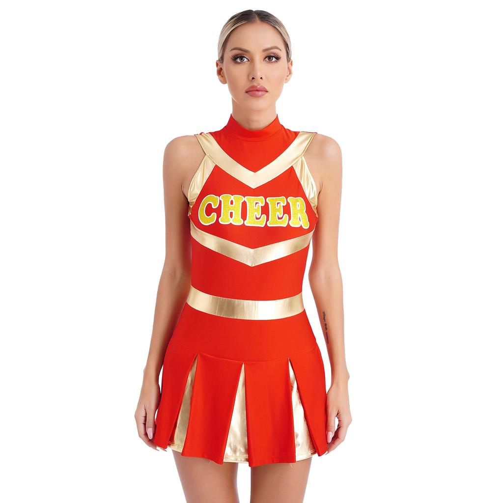 Womens Sparkling Cheerleader Dress Sleeveless Pleated Print Design Youthful Schoolgirl Uniform Halloween Costume