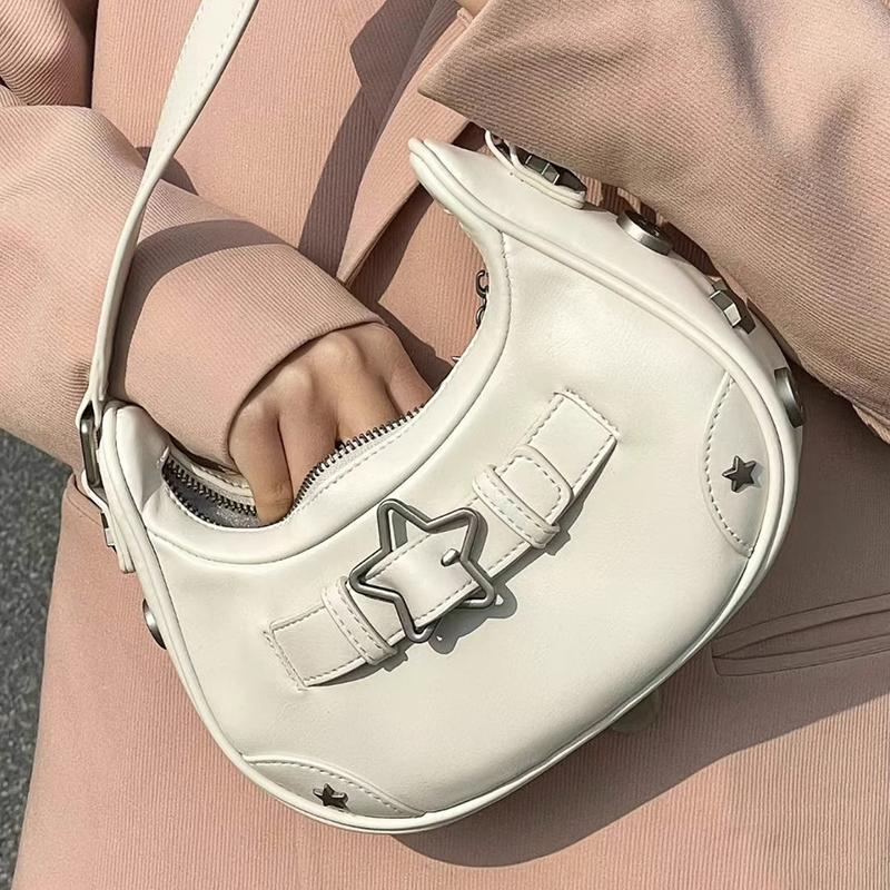 Vintage Casual Cute White Star Shoulder Underarm Tote Bag Ladies Sling Bags Leather Zip Purses Handbags For Women
