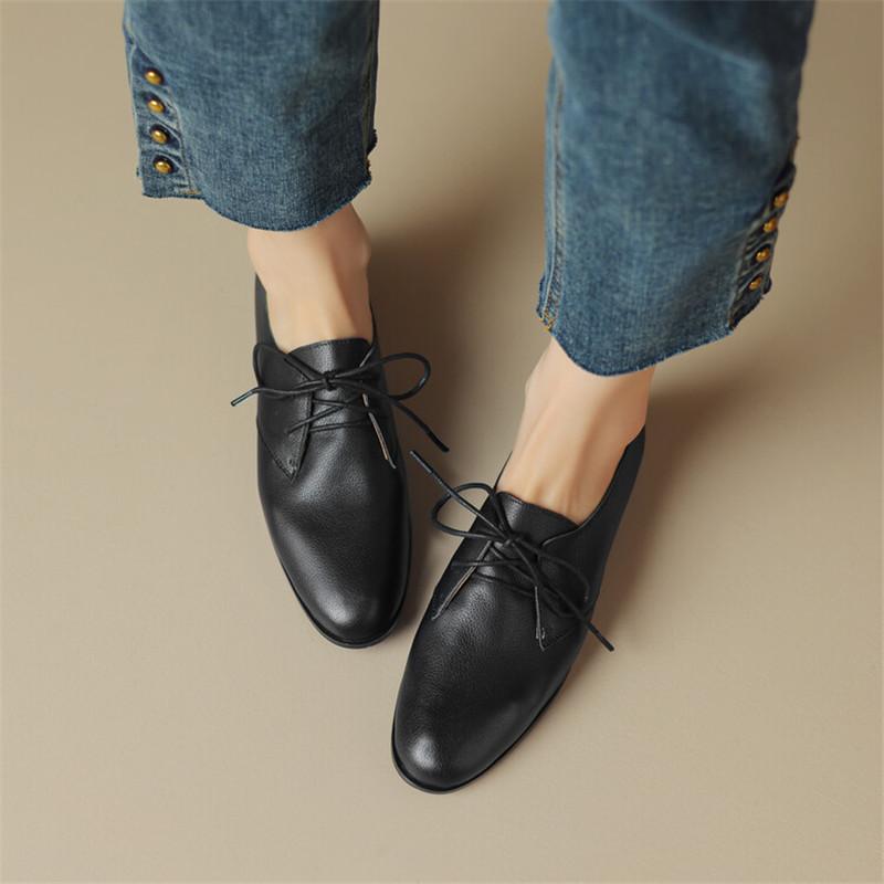 Fashion New Genuine Leather Loafers Spring/Autumn Round Toe Chunky Heel Women Pumps Lace Shoes for Women Ladies Shoes Comfort Low Heels