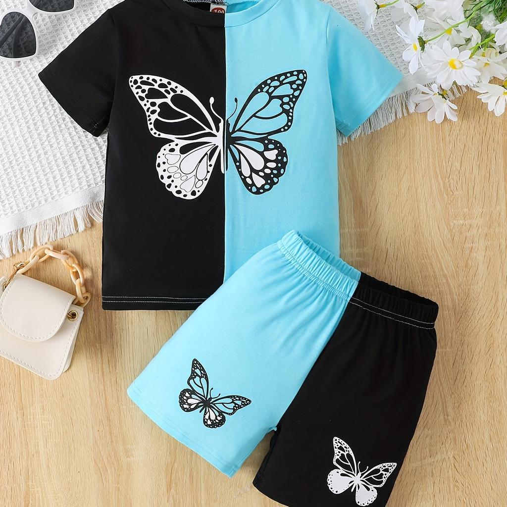 Fete Color Clash 2buc, Set tricouri și pantaloni scurți, Top cu mânecă scurtă cu imprimeu cu fluturi, ținute casual, haine pentru copii pentru vară