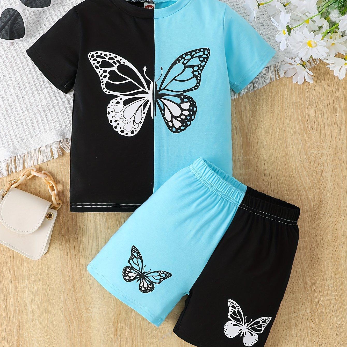 

Color Clash для девочек, комплект из 2 предметов, футболка и шорты, топ с короткими рукавами и принтом мультяшной бабочки, повседневная одежда, детская одежда на лето 130