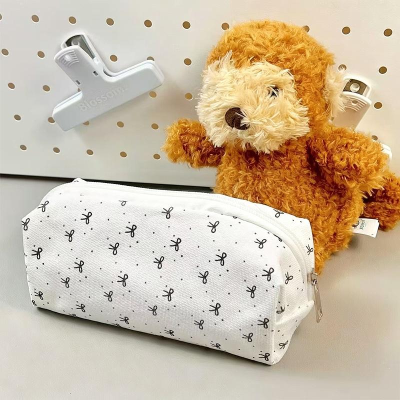 Canvas Pencil Case Cute Mini Bow Print And Large Capacity Smooth Zipper For Students School Daily Stationery Storage