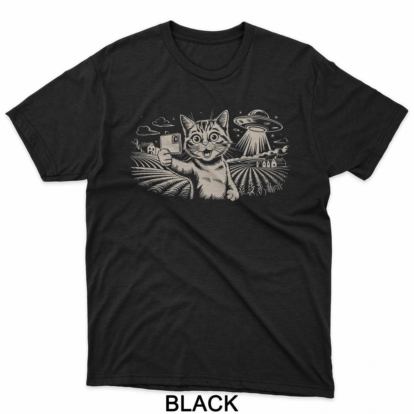Alien Abduction Cat Selfie Funny UFO T-Shirt L