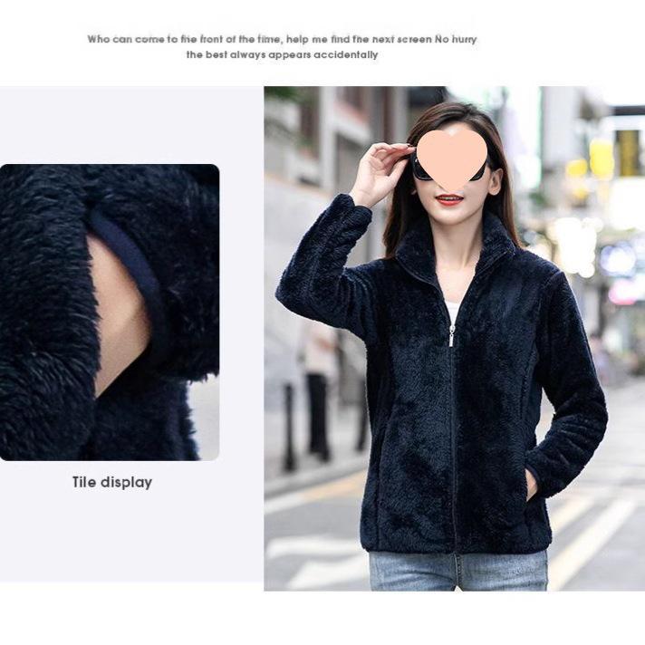 Women's Double-Sided Coral Fleece Hoodie Jacket - Thickened and Warm for Autumn and Winter