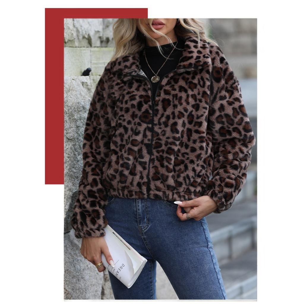 2025 Winter Autumn Leopard Print Fleece Coat for Women Loose Zip Long Sleeve Fluffy Jacket