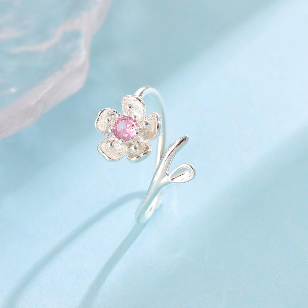 925 Silver Pink Crystal Flower Opening Ring for Women Fashion Jewelry R380