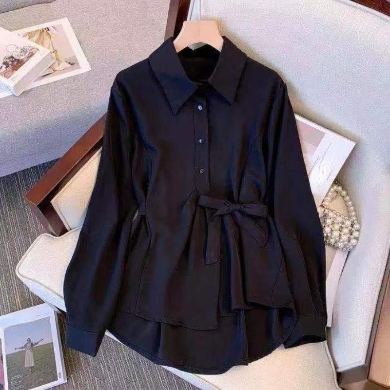 Bowknot Lace-up Women's Shirt All Season Solid Color Bright Thread Decorated Tops Temperament Turn Down Collar Clothes