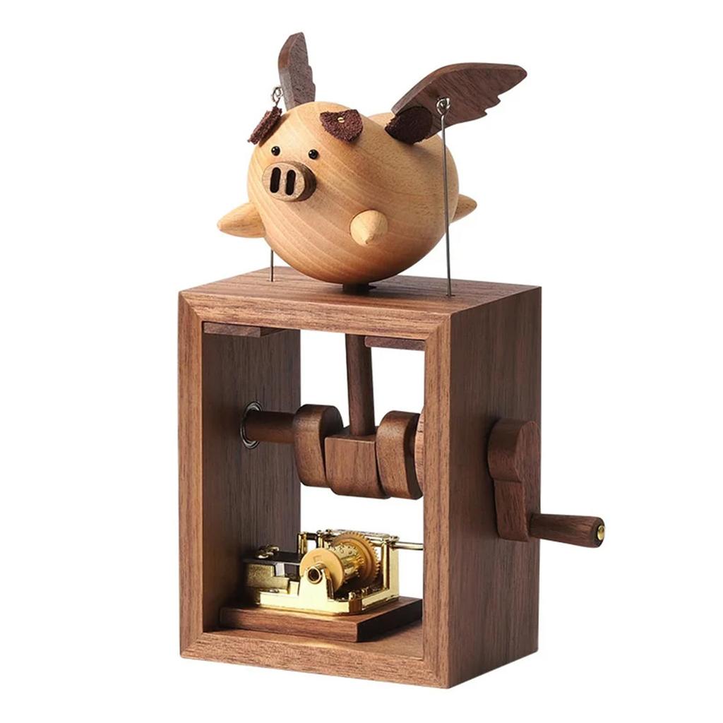 Wooden Flying Pig Music Box Ornament Hand-cranked Box Black Walnut Beech Toy Wood Home Decorative Hand Rocking Statue Ornament Creative Valentine's D