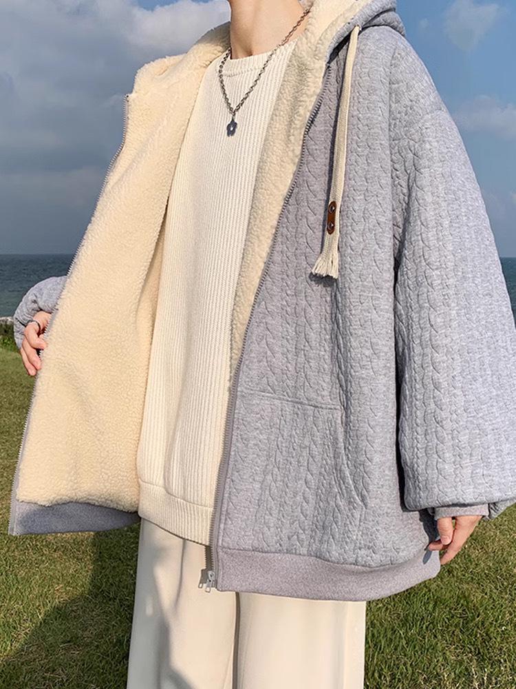 Men's Trendy Lambswool Jacquard Winter Coat - Warm Hooded Plush Cotton Jacket for Teens