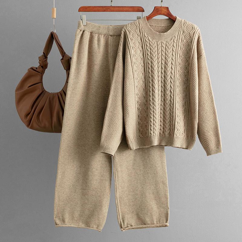 Autumn and Winter New Loose Twist Pullover Sweater Women's Set, Knitted Wide-leg Pants Fashionable Two-piece Set
