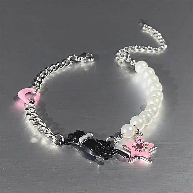 Cute Pearl Y2k Inlaid Black Cat Star Bracelet Stylish Summer Jewelry Women For