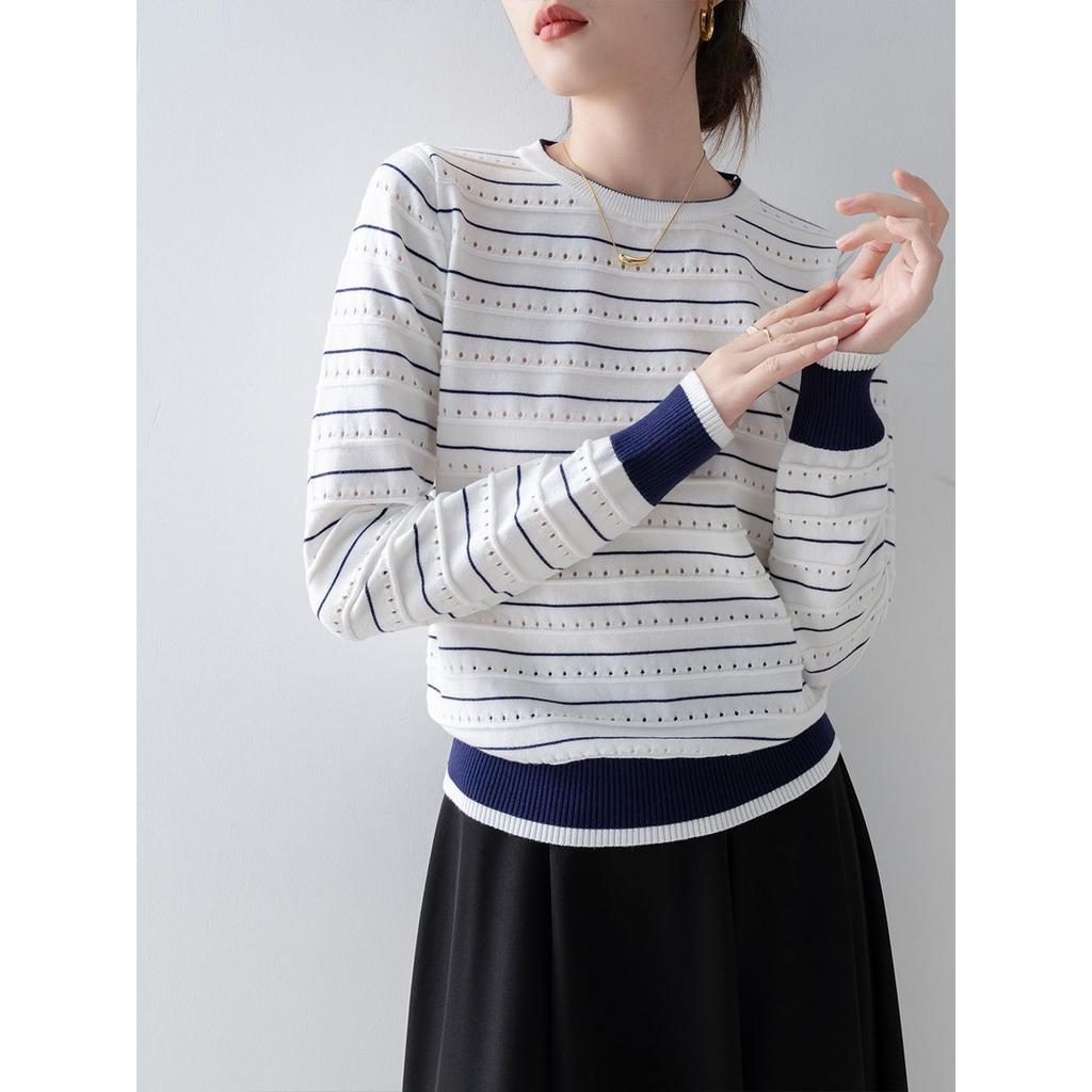 Dark Blue Contrasting Color Hollow Striped Women's Clothing New Small Crew Neck Loose Shirt Top Women