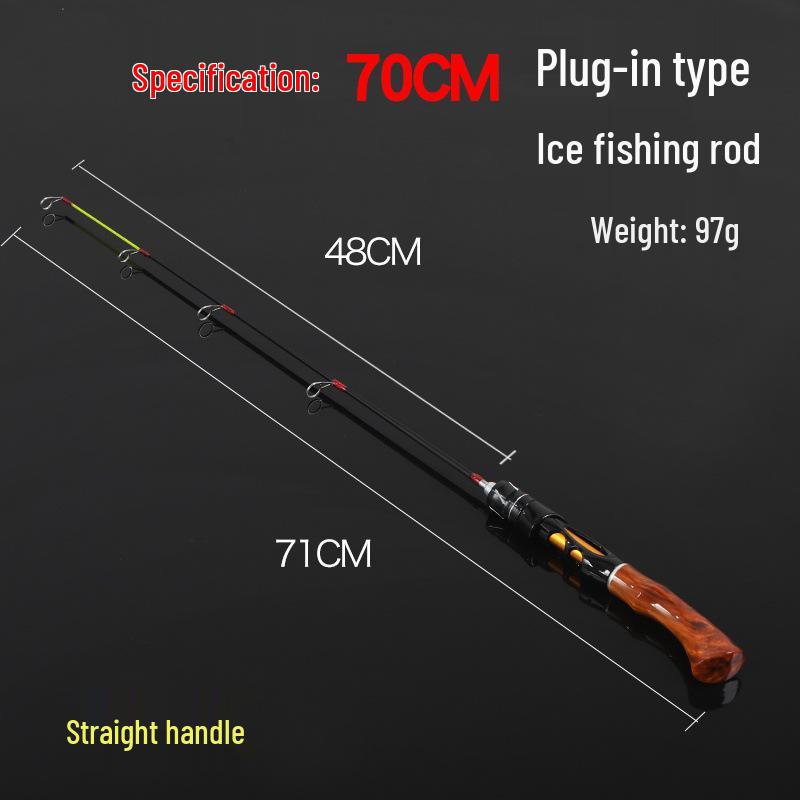 Wood Grain Portable Ice Fishing Rod with Curved Handle and Soft/Hard Tips