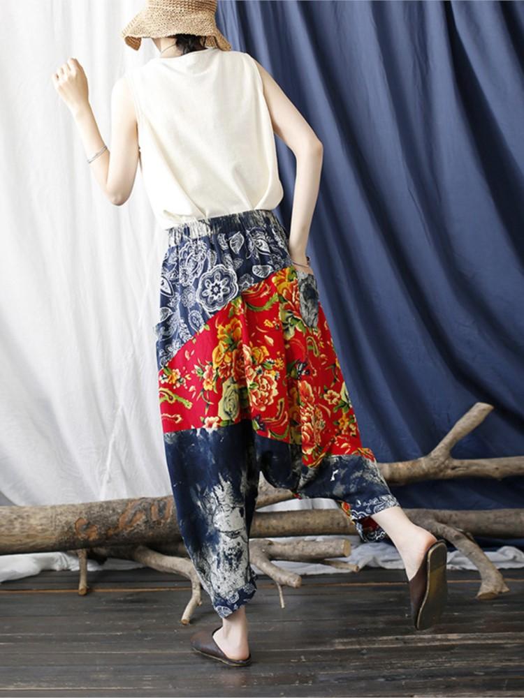 Johnature Cotton Ankle Length Pants LOOSE Cotton Linen Pockets MID Spring Autumn WOMEN Vintage Elastic Waist Pants