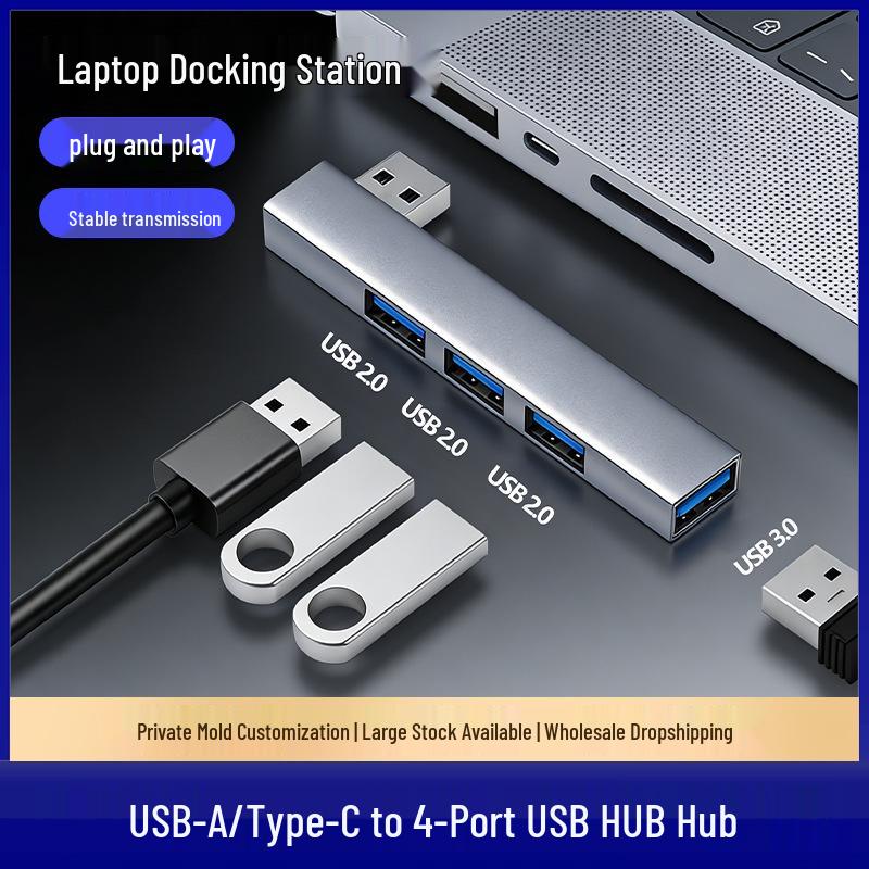 Aluminum Laptop Docking Station: 4-in-1 USB 3.0 Hub with Type-C Interface USB Right USB3.0*1 + USB*3