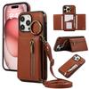 For iPhone 16 Pro Max Leather Back Cover Zipper Wallet Kickstand Phone Case with Shoulder Strap