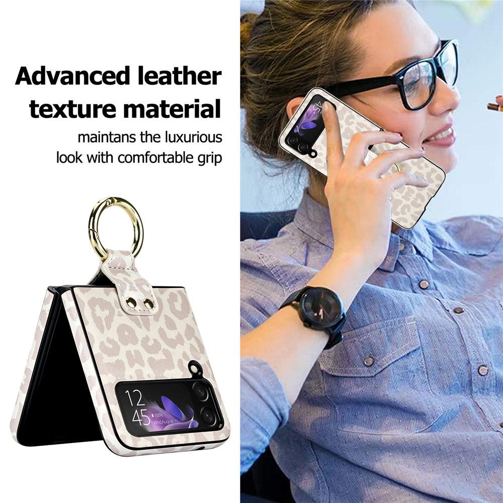 Leopard Print Ring Phone Case For Samsung Galaxy Z Flip 7 6 Flip 5 Flip 4 3 Rhombic Leather Cover Coque