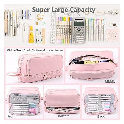 Penar Large Capacity 4 Compartments Pencil Case 22X9.5X10cm Pink School Organizer