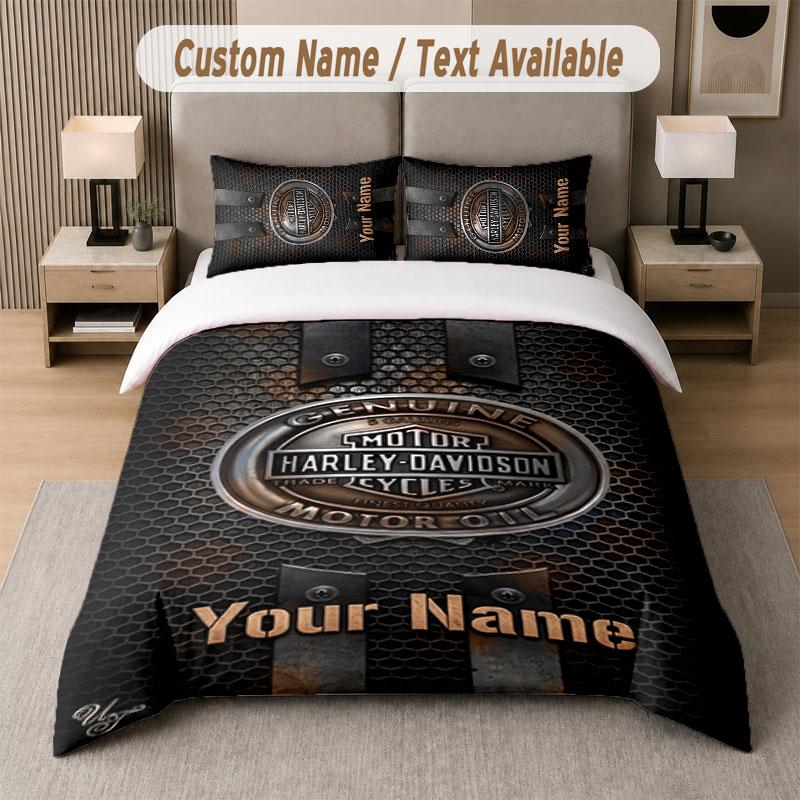 Set Biancheria da Letto Personalizzato Modello Harley-Davidson, Stampa Nome Testo 1 Copripiumino più 2 Federe Tessili per la Casa