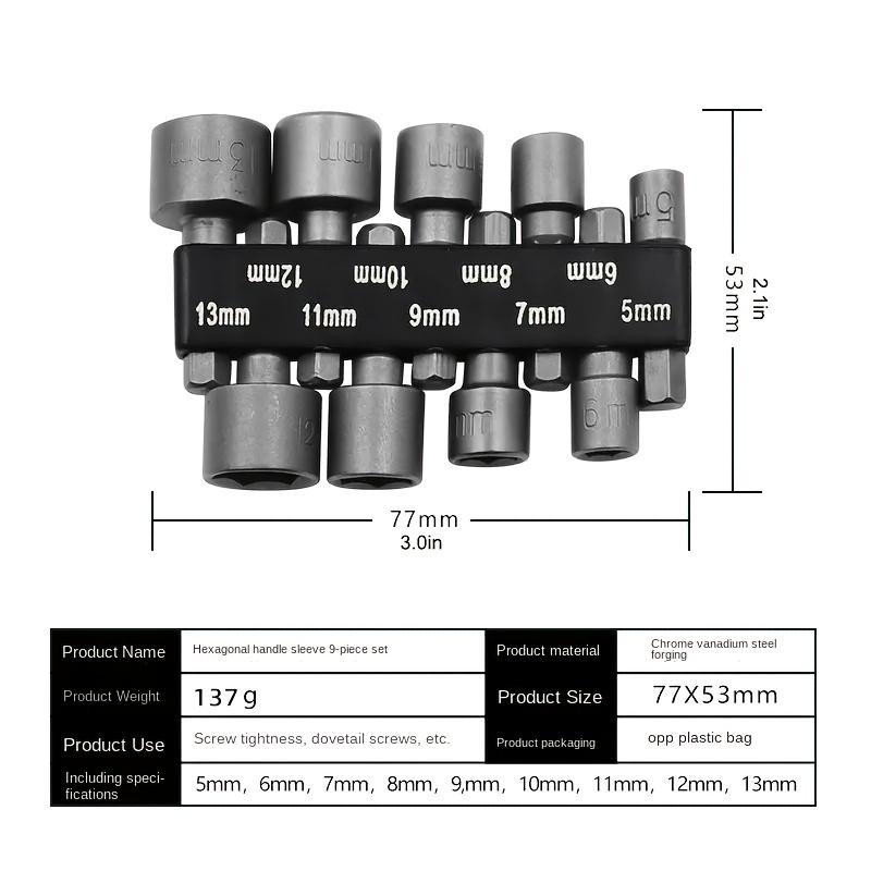 

9pcs Wind Batch Sockets, Heat Treatment, 6.35mm Hexagonal Side-by-side, 5-13mm Caliber