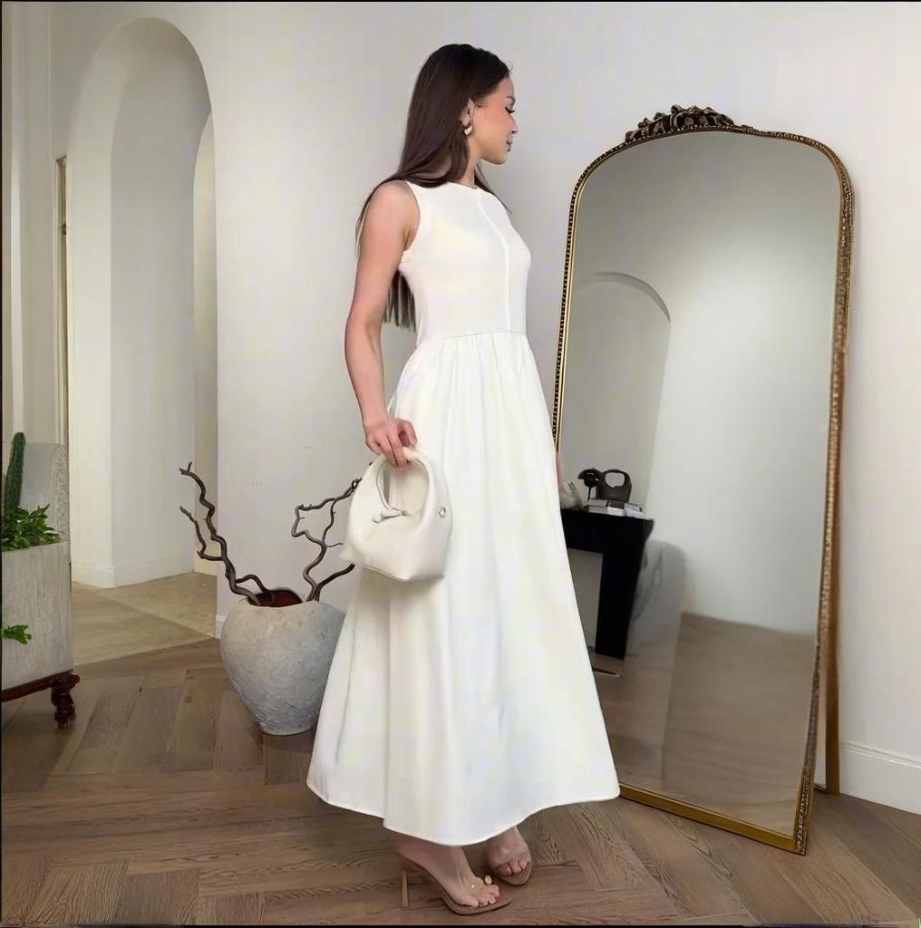 2025 European & American Women's Sleeveless Round Neck Zipper Dress with Waist-Cinching Design