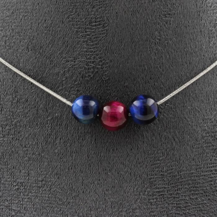 Collier - A Bijoux - Oeil de Tigre Multicolore - 3 perles - Acier inoxydable - 45 cm