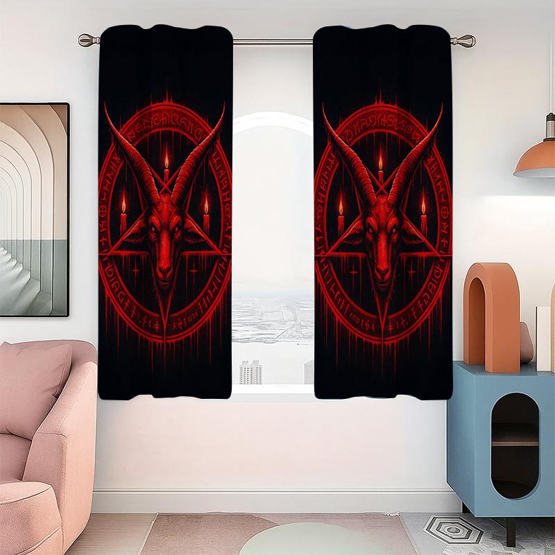 2er Set Gotische Verdunkelungsvorhänge  Satanisches Pentagramm & Roter Ziegenkopf  Lichtfilternd für Schlafzimmer  Wohnzimmer & Büro  Dunkler Dekorationsstil