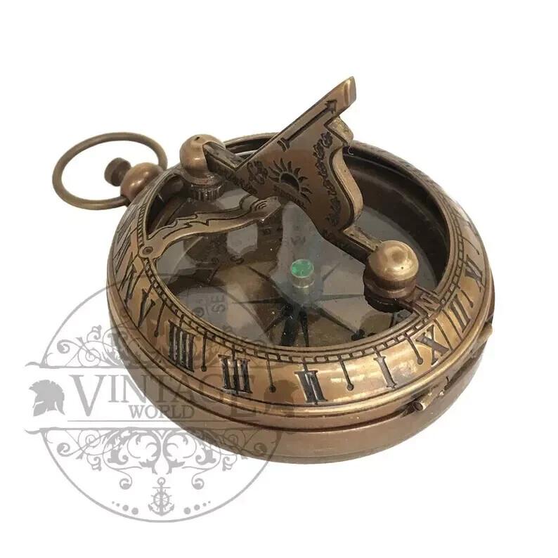 

Antique Finish 45mm Pocket Sundial Compass in Wooden Box Gifts коричневий