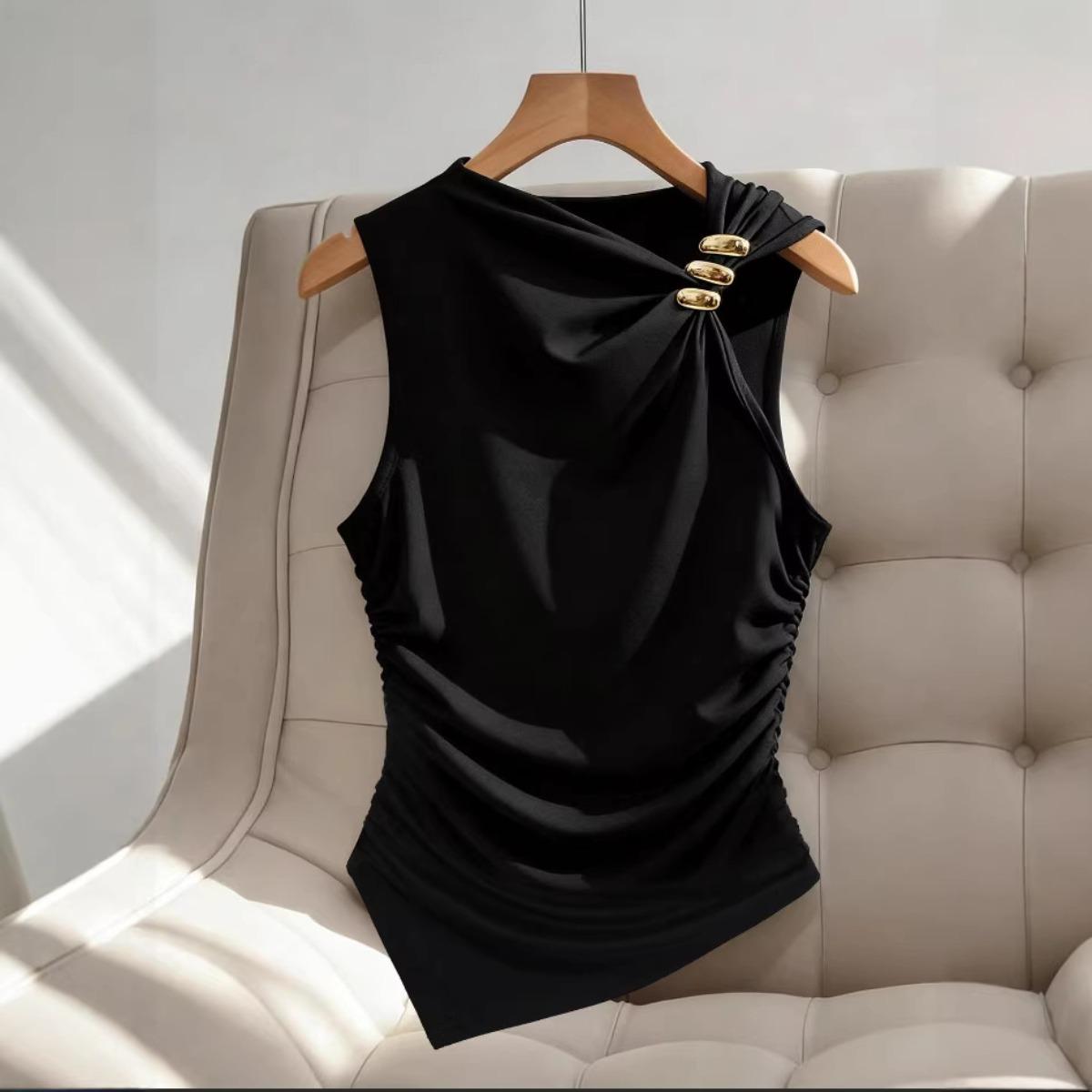 Women s Round Neck Sleeveless Bodysuit Metal Button Ruched Slim Fitted Tank Top S