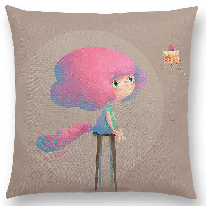 Neuankömmling Niedliche Cartoon-Tiere Kleine Katze Traum Elch Hübsches Mädchen Wald Leuchtender Stern Kissenbezug Sofa Wurfkissenbezug