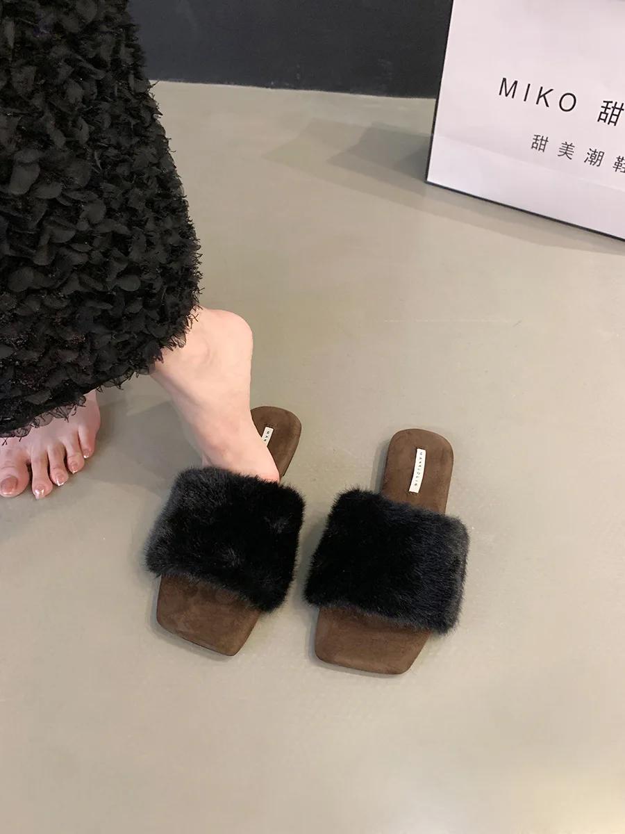 

Мягкие домашние тапочки для женщин, плоские сандалии 2024 года, новые модные леопардовые пушистые тапочки с открытым носком, нескользящие женские мюли 35 чёрный