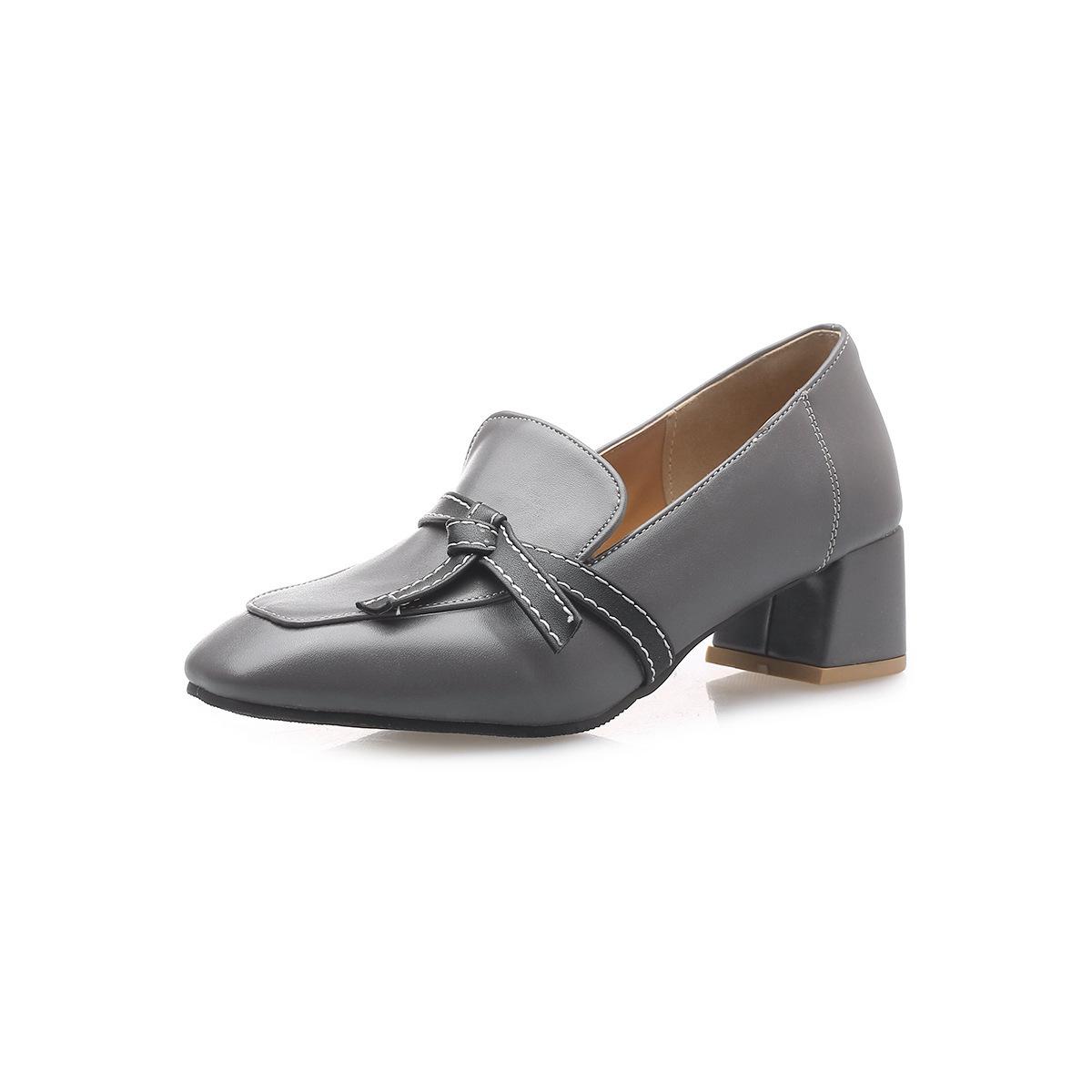 

2019 new fashion square head color matching bow Korean version sewing line thick heel elegant women s single shoes 33 сірий колір