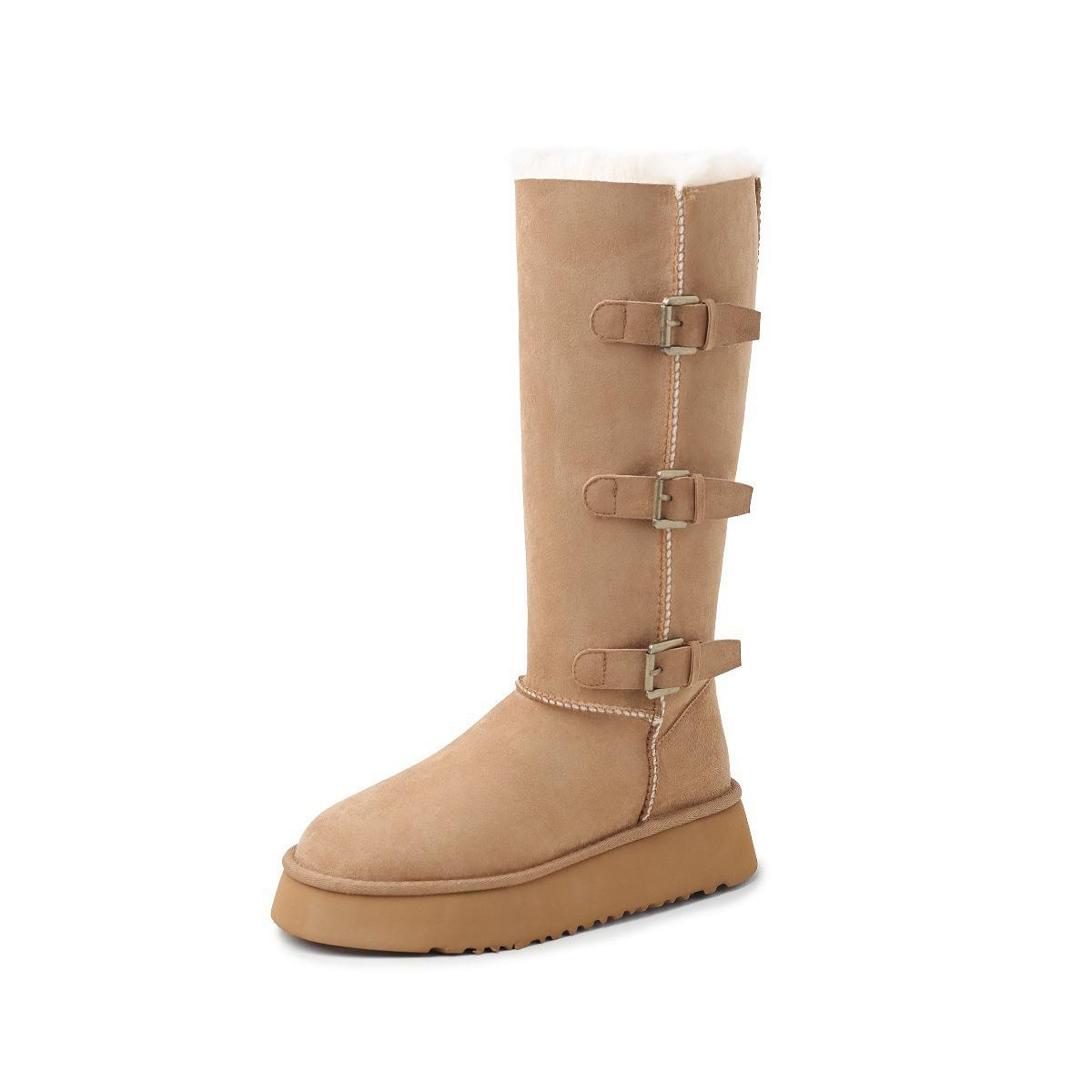 Grey thick-soled snow boots, side buckle with folding mid-tube boots, autumn and winter piled thickened large cotton boots 35 малиновый