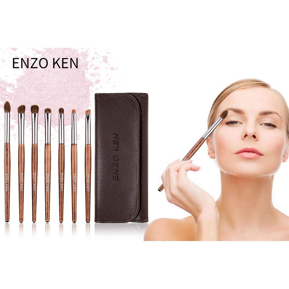 Set de pensule pentru fard de pleoape din lemn cu păr natural cu husă de machiaj - ENZO KEN Professional - E100, E100_Set de perii pentru ochi
