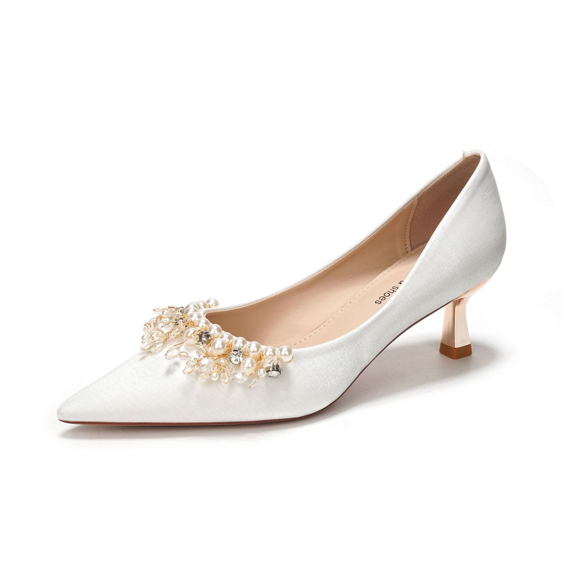 

Pearl rhinestone satin white high heels wedding shoes banquet shoes stiletto women s shoes new versatile daily models 40
