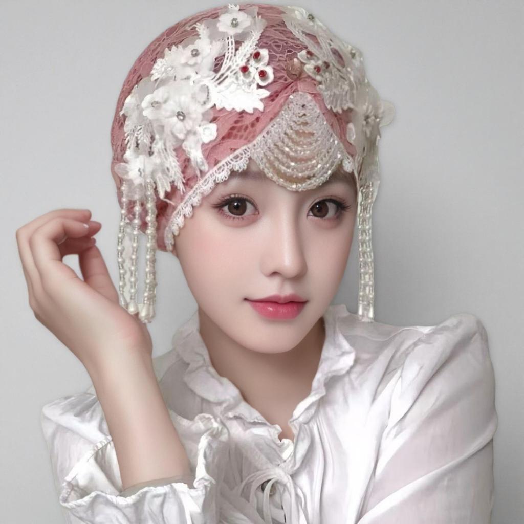 Elegant Hand-Beaded Tassel Beanie with Lace Flowers
