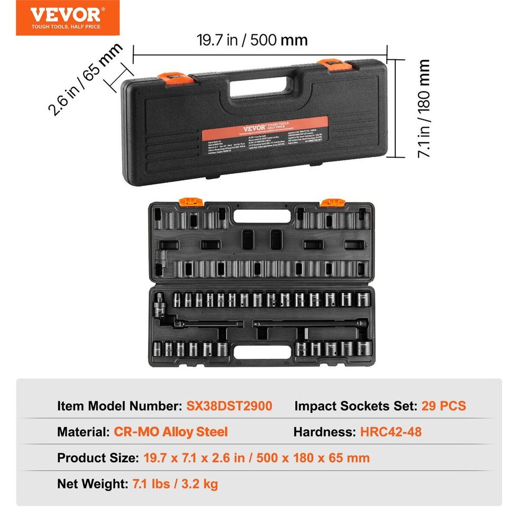 Impact Sockets Set 29pcs 6-Point 3/8in Drive Bit Ratchet Tool Kit Case