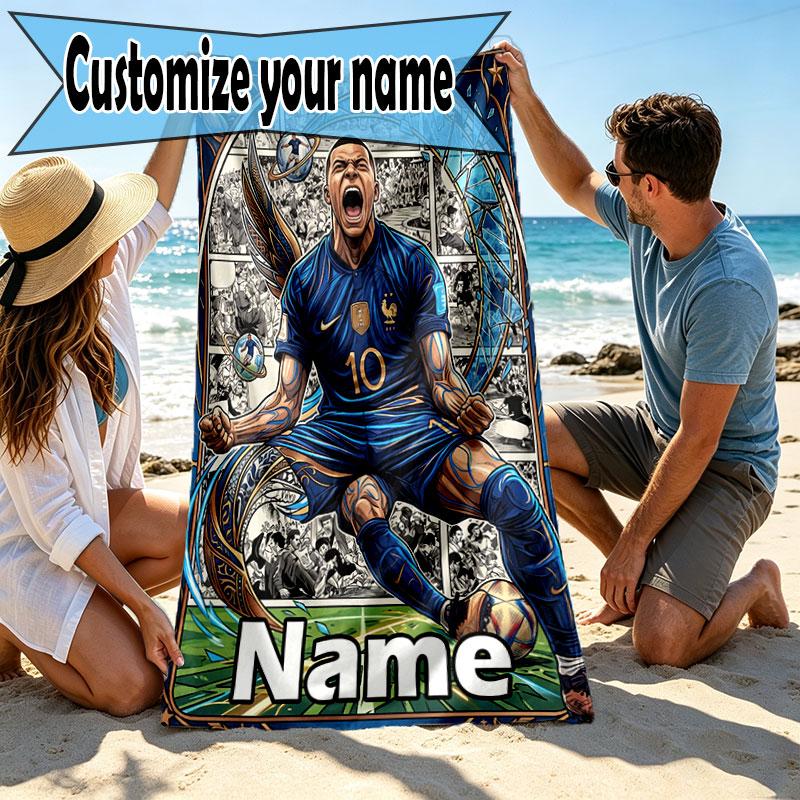 Personalisierbares Strandtuch mit Kylian Mbappe Aufdruck und individuellem Namen, für Reise Camping Strandparty Heimdekoration, Geburtstagsgeschenk für Familie & Freunde