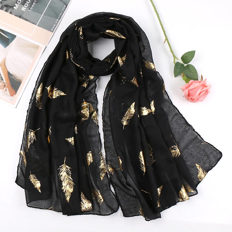 Bronzing Feathers Cotton Hijab Scarf For Muslim Woman Hijabs Shawl Viscose Soft Headband Ethnic Islam Turban Female Headscarf