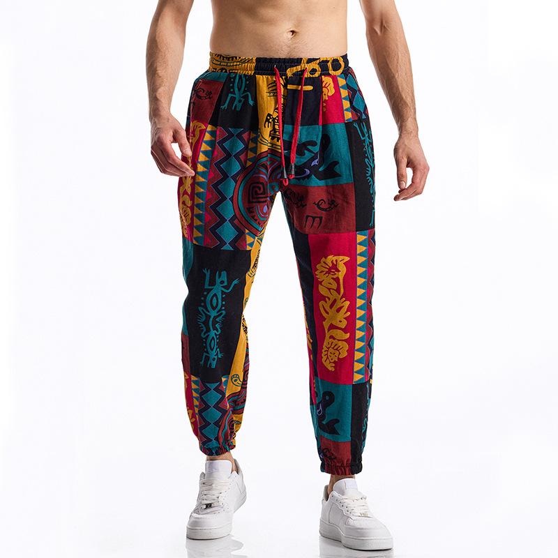 Spring and Summer Men's Linen Cotton Printed Casual Pants