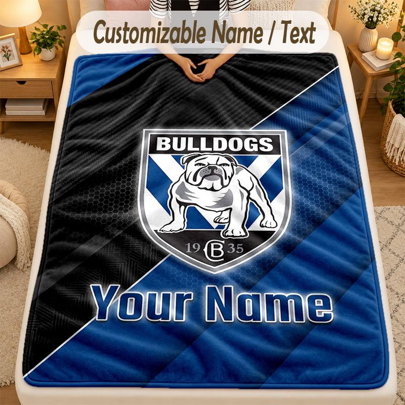 Flannel BlanketCanterbury-Bankstown Bulldogs Custom Name Text Personalized Soft Warm Throw Blanket Home Decor Gift