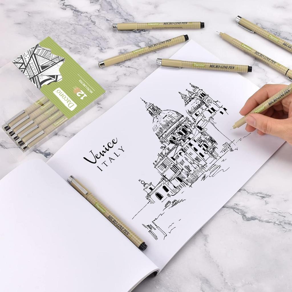 Micro Fineliner Drawing Art Pens, Black Art Pens for Drawing, 12 Size Waterproof Pen for Artists Sketching, Illustration, Watercolor, Calligraphy,