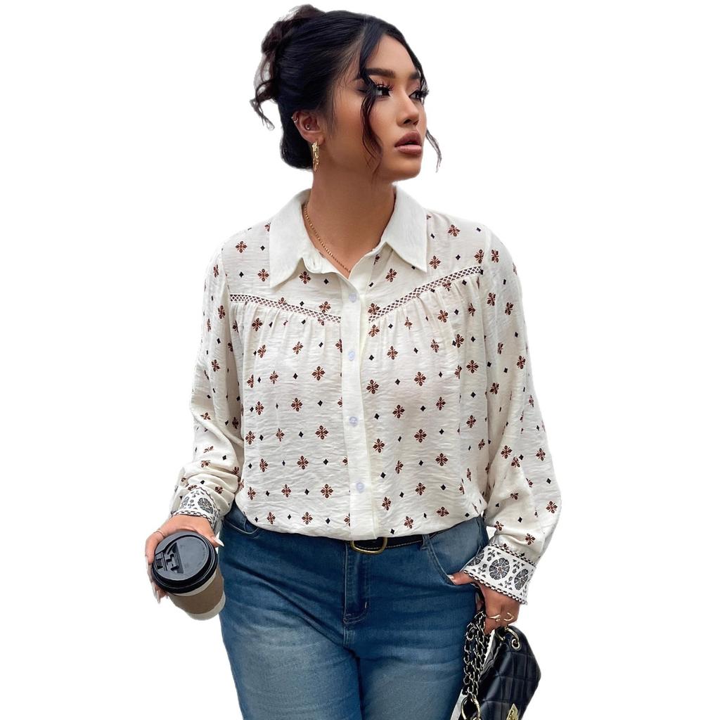 Europe and the United States new women's shirt top Amazon apricot printing hollow design polo collar fashion casual top