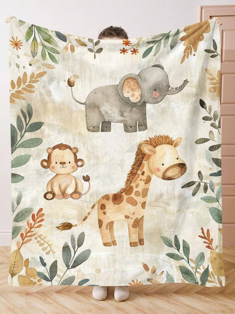 1Pc Cartoon Animals Soft Blanket Flannel Printed Blanket For Camping & Travel Suitable For Sofas Bedrooms Living Rooms And Beds