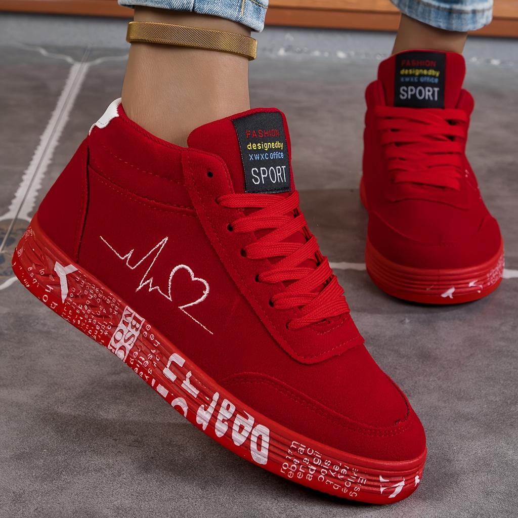Heart-shaped Red Sneakers, Summer Breathable Mid-top Shoes, Trendy And Versatile Outdoor Sports Skateboarding Shoes, Women's Casual Shoes