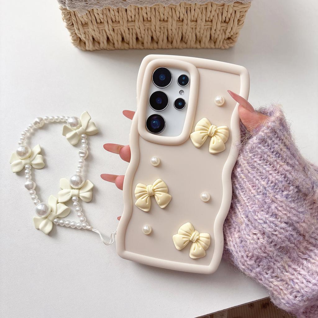 Korean 3D Bowknot Pearl Silicone Phone Case For Samsung Galaxy S26 S25 S24 S23 S22 Ultra Plus S21 S20 FE With Lanyard Soft Cover