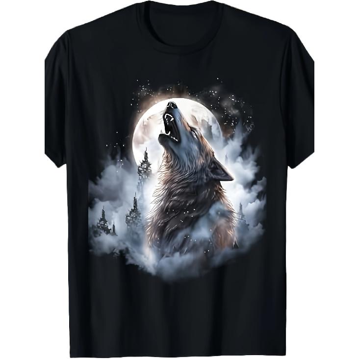 Men'S 100% Howling Wolf T-Shirt- Full Moon& Wolf Pc Night Sky Print, Short Sleeve Crew Neck Casual Tee For, Camping, Casual Attire- Durable Outdoor&